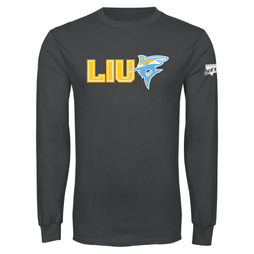 Charcoal Long Sleeve T Shirt-Northeast Conference Long Island University LIU with Mascot Flat