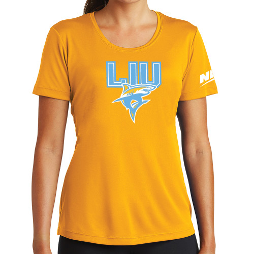 Womens Gold Performance Short Sleeve Tee-Northeast Conference Long Island University Primary Mark