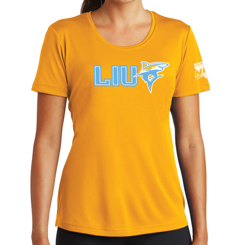 Womens Gold Performance Short Sleeve Tee-Northeast Conference Long Island University LIU with Mascot Flat