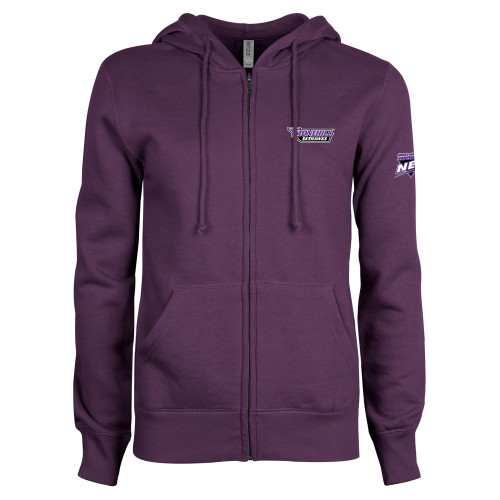 ENZA Womens Purple Fleece Full Zip Hoodie-NEC Stonehill Skyhawks Wordmark