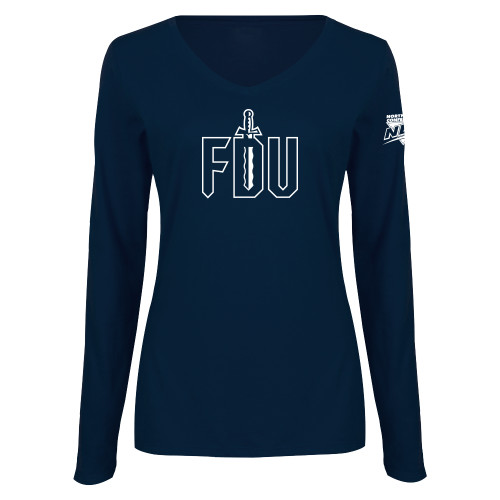 Womens Navy Long Sleeve V Neck Tee-NEC FDU with Sword