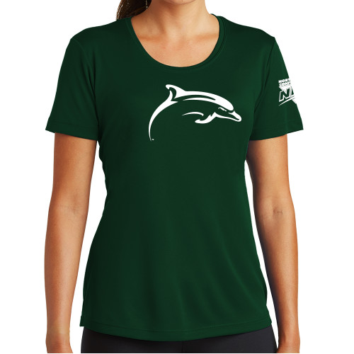 Womens Dark Green Performance Short Sleeve Tee-NEC Le Moyne Dolphins Mascot Icon