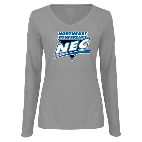 Womens Grey Long Sleeve V Neck Tee -Northeast Conference NEC Full Mark
