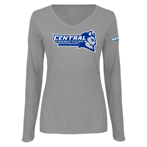 Womens Grey Long Sleeve V Neck Tee -Northeast Conference Central Connecticut Primary Mark