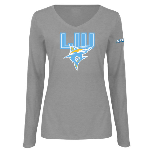 Womens Grey Long Sleeve V Neck Tee -Northeast Conference Long Island University Primary Mark