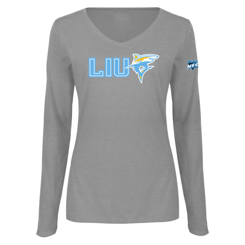 Womens Grey Long Sleeve V Neck Tee -Northeast Conference Long Island University LIU with Mascot Flat