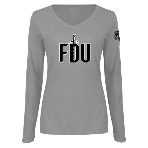Womens Grey Long Sleeve V Neck Tee -NEC FDU with Sword