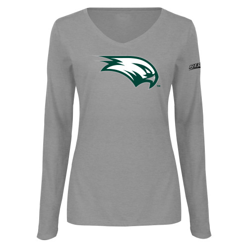 Womens Grey Long Sleeve V Neck Tee -Northeast Conference Wagner College Mascot Mark