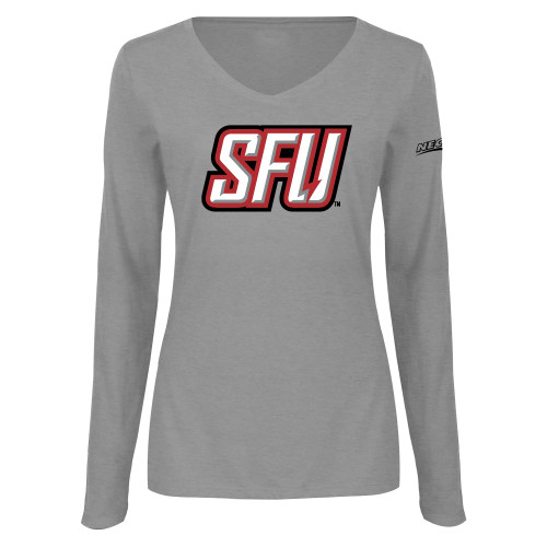 Womens Grey Long Sleeve V Neck Tee -Northeast Conference Saint Francis University Primary Mark