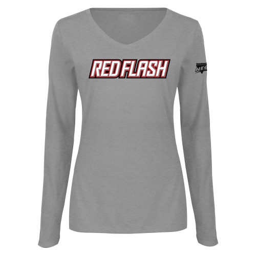 Womens Grey Long Sleeve V Neck Tee -Northeast Conference Saint Francis University Red Flash Wordmark