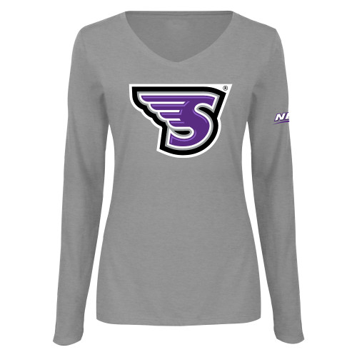 Womens Grey Long Sleeve V Neck Tee -NEC Stonehill S