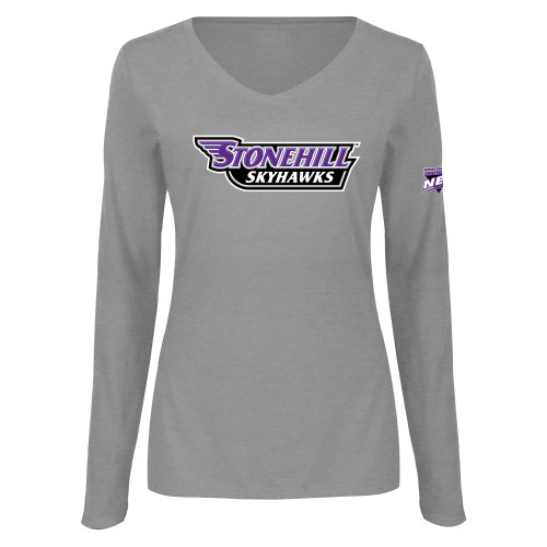 Womens Grey Long Sleeve V Neck Tee -NEC Stonehill Skyhawks Wordmark