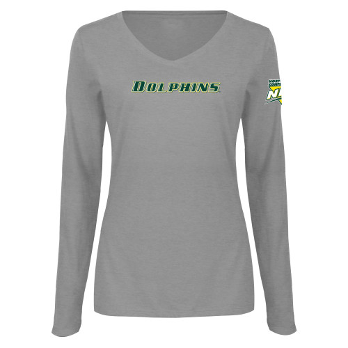 Womens Grey Long Sleeve V Neck Tee -NEC Le Moyne Dolphins Flat Wordmark