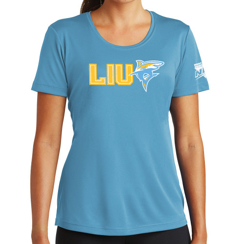 Womens Light Blue Performance Short Sleeve Tee-Northeast Conference Long Island University LIU with Mascot Flat