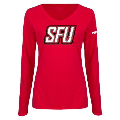 Womens Red Long Sleeve V Neck Tee-Northeast Conference Saint Francis University Primary Mark