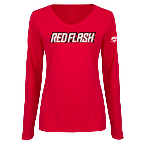 Womens Red Long Sleeve V Neck Tee-Northeast Conference Saint Francis University Red Flash Wordmark