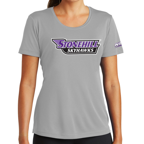 Womens Grey Performance Short Sleeve Tee-NEC Stonehill Skyhawks Wordmark