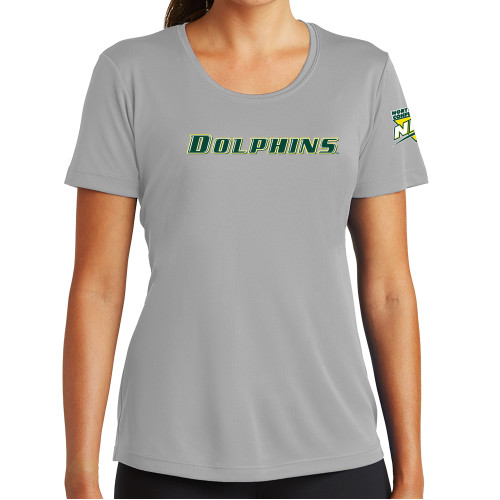 Womens Grey Performance Short Sleeve Tee-NEC Le Moyne Dolphins Flat Wordmark