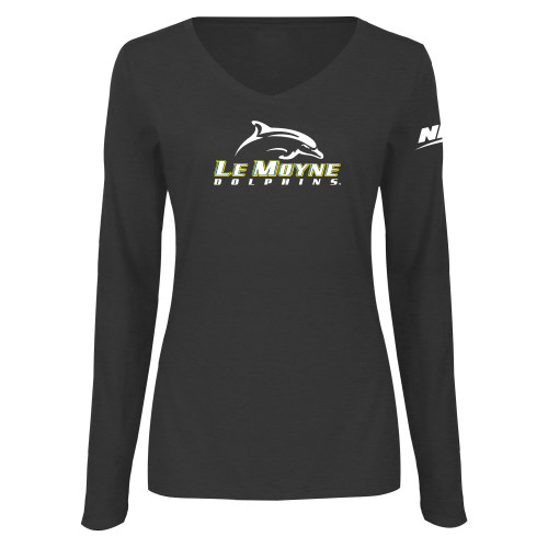 Womens Dark Heather Long Sleeve V Neck Tee -NEC Le Moyne Dolphins Primary Mark