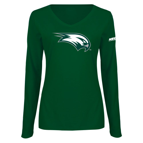 Womens Dark Green Long Sleeve V Neck Tee -Northeast Conference Wagner College Mascot Mark