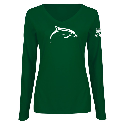 Womens Dark Green Long Sleeve V Neck Tee -NEC Le Moyne Dolphins Mascot Icon
