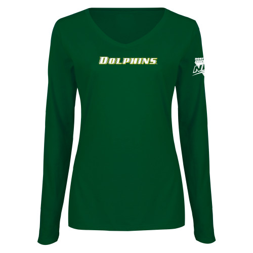Womens Dark Green Long Sleeve V Neck Tee -NEC Le Moyne Dolphins Flat Wordmark