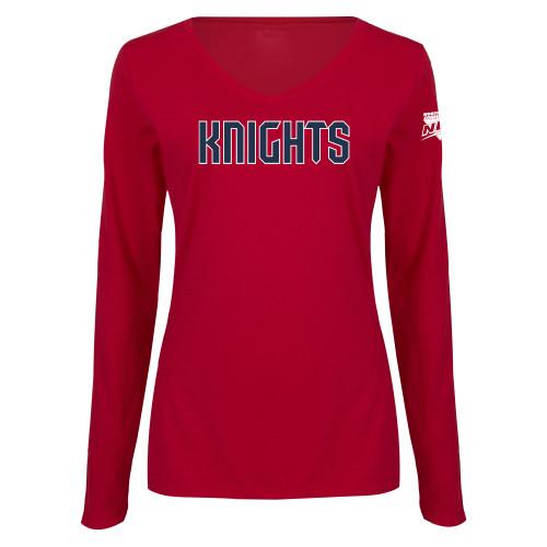 Womens Cardinal Long Sleeve V Neck Tee -NEC Fairleigh Knights Wordmark