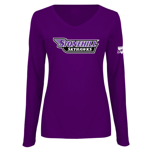 Womens Purple Long Sleeve V Neck Tee -NEC Stonehill Skyhawks Wordmark