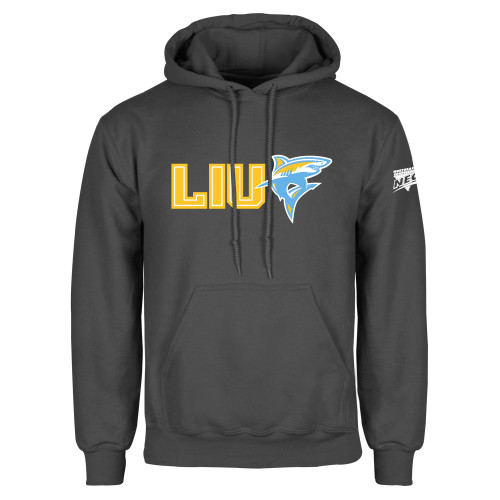 Charcoal Fleece Hoodie-Northeast Conference Long Island University LIU with Mascot Flat