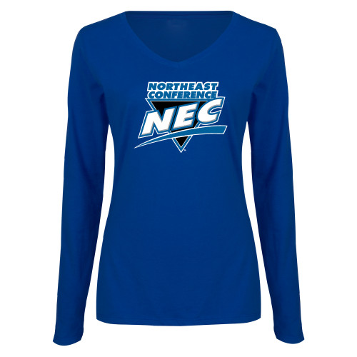 Womens Royal Long Sleeve V Neck Tee -Northeast Conference NEC Full Mark