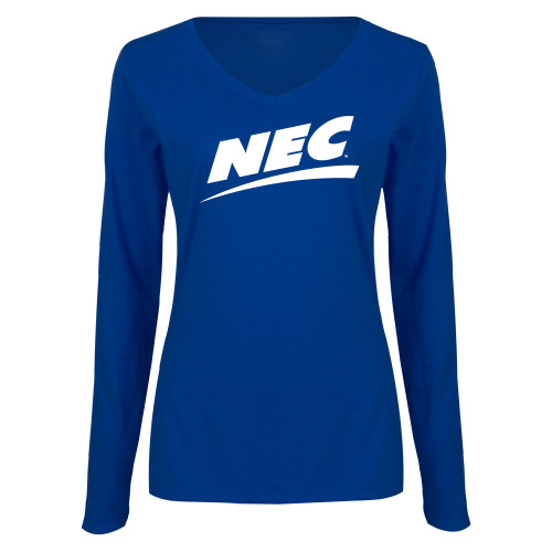 Womens Royal Long Sleeve V Neck Tee -Northeast Conference NEC Flat Mark