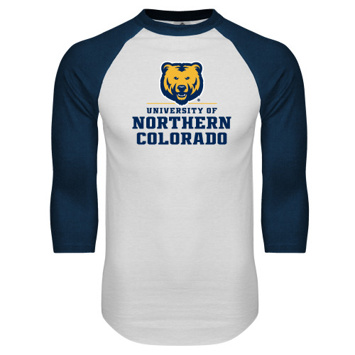  White/Navy Raglan Baseball T Shirt - Northern Colorado Stacked Logo