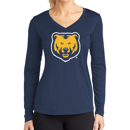  Womens Navy Performance Long Sleeve V Neck Shirt - UNC Bear Logo