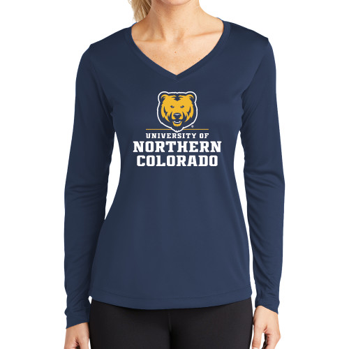  Womens Navy Performance Long Sleeve V Neck Shirt - Northern Colorado Stacked Logo