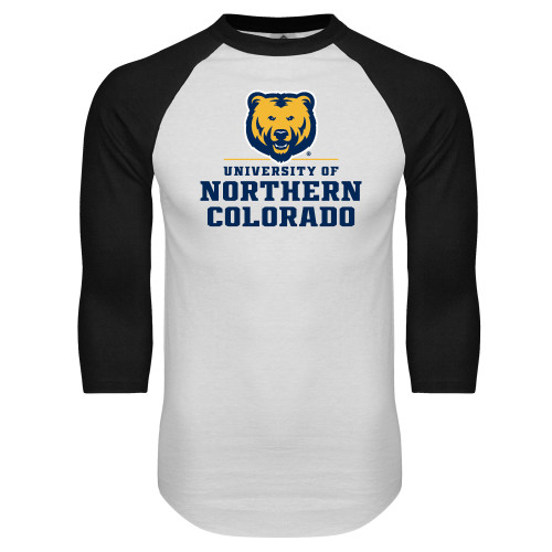  White/Black Raglan Baseball T Shirt - Northern Colorado Stacked Logo