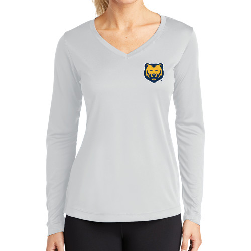  Womens White Performance Long Sleeve V Neck Shirt - UNC Bear Logo