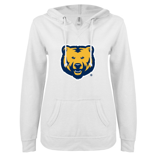  ENZA Womens White V Notch Raw Edge Fleece Hoodie - UNC Bear Logo