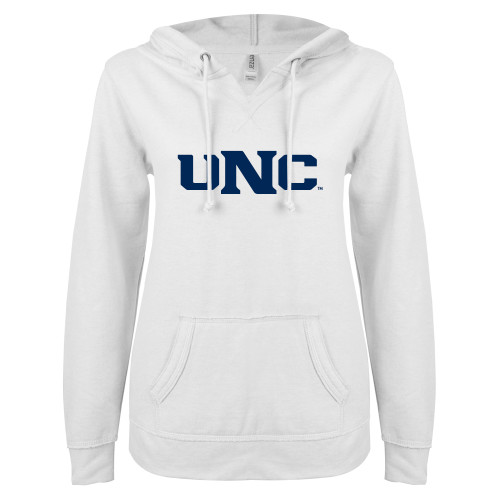  ENZA Womens White V Notch Raw Edge Fleece Hoodie - UNC