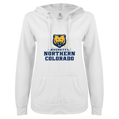 ENZA Womens White V Notch Raw Edge Fleece Hoodie - Northern Colorado Stacked Logo