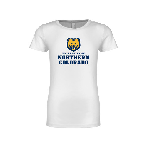  Next Level Girls White Fashion Fit T Shirt - Northern Colorado Stacked Logo