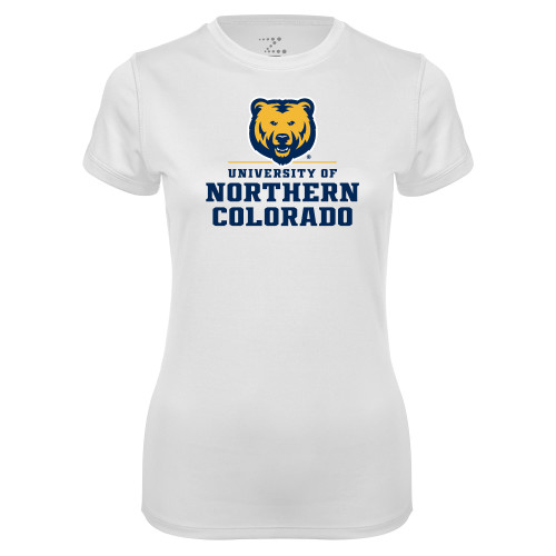  Womens White Performance Tee - Northern Colorado Stacked Logo