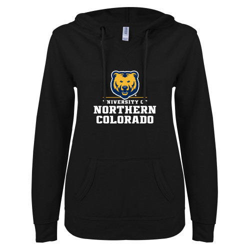  ENZA Womens Black V Notch Raw Edge Fleece Hoodie - Northern Colorado Stacked Logo
