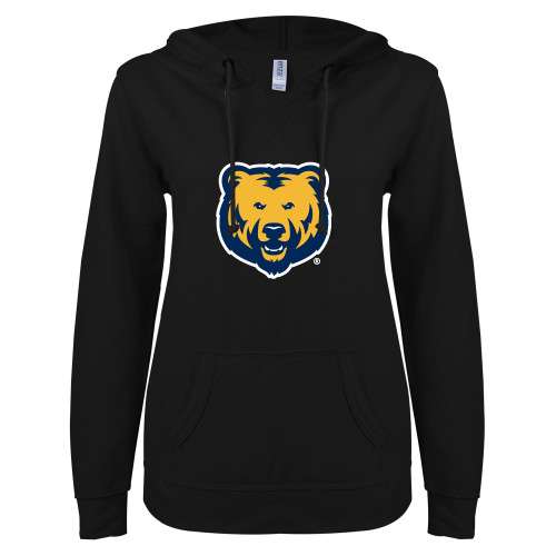  ENZA Womens Black V Notch Raw Edge Fleece Hoodie - UNC Bear Logo
