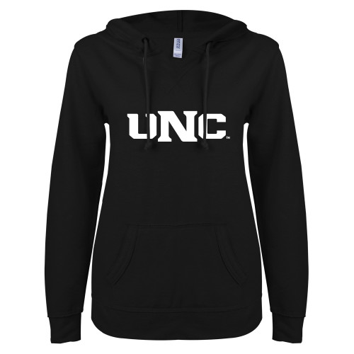  ENZA Womens Black V Notch Raw Edge Fleece Hoodie - UNC