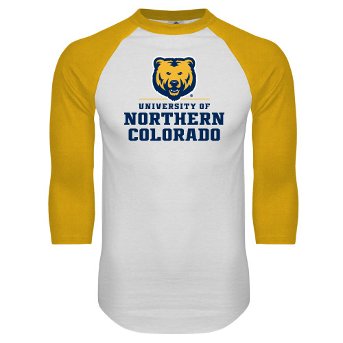  White/Gold Raglan Baseball T Shirt - Northern Colorado Stacked Logo