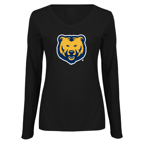  Womens Black Long Sleeve V Neck Tee  - UNC Bear Logo