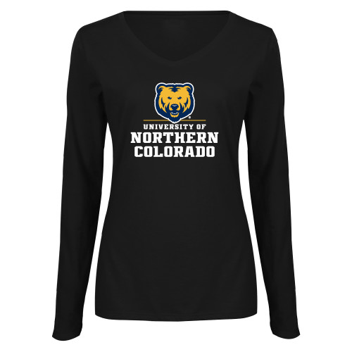  Womens Black Long Sleeve V Neck Tee  - Northern Colorado Stacked Logo