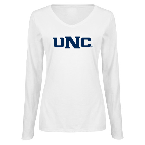  Womens White Long Sleeve V Neck Tee - UNC