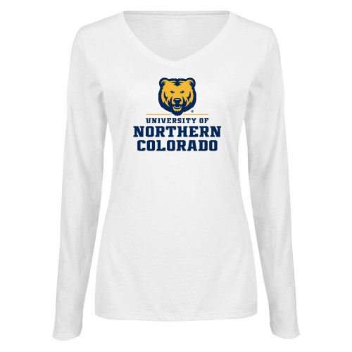  Womens White Long Sleeve V Neck Tee - Northern Colorado Stacked Logo