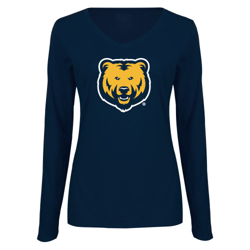  Womens Navy Long Sleeve V Neck Tee - UNC Bear Logo